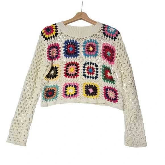 Debut Cream Crochet Granny Square Sweater Long Sleeve Women's Size S - Picture 1 of 9